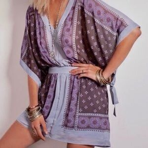 Free People Dress Printed Check Santa Cruz Kimono Tunic Blue Paisley Festival L